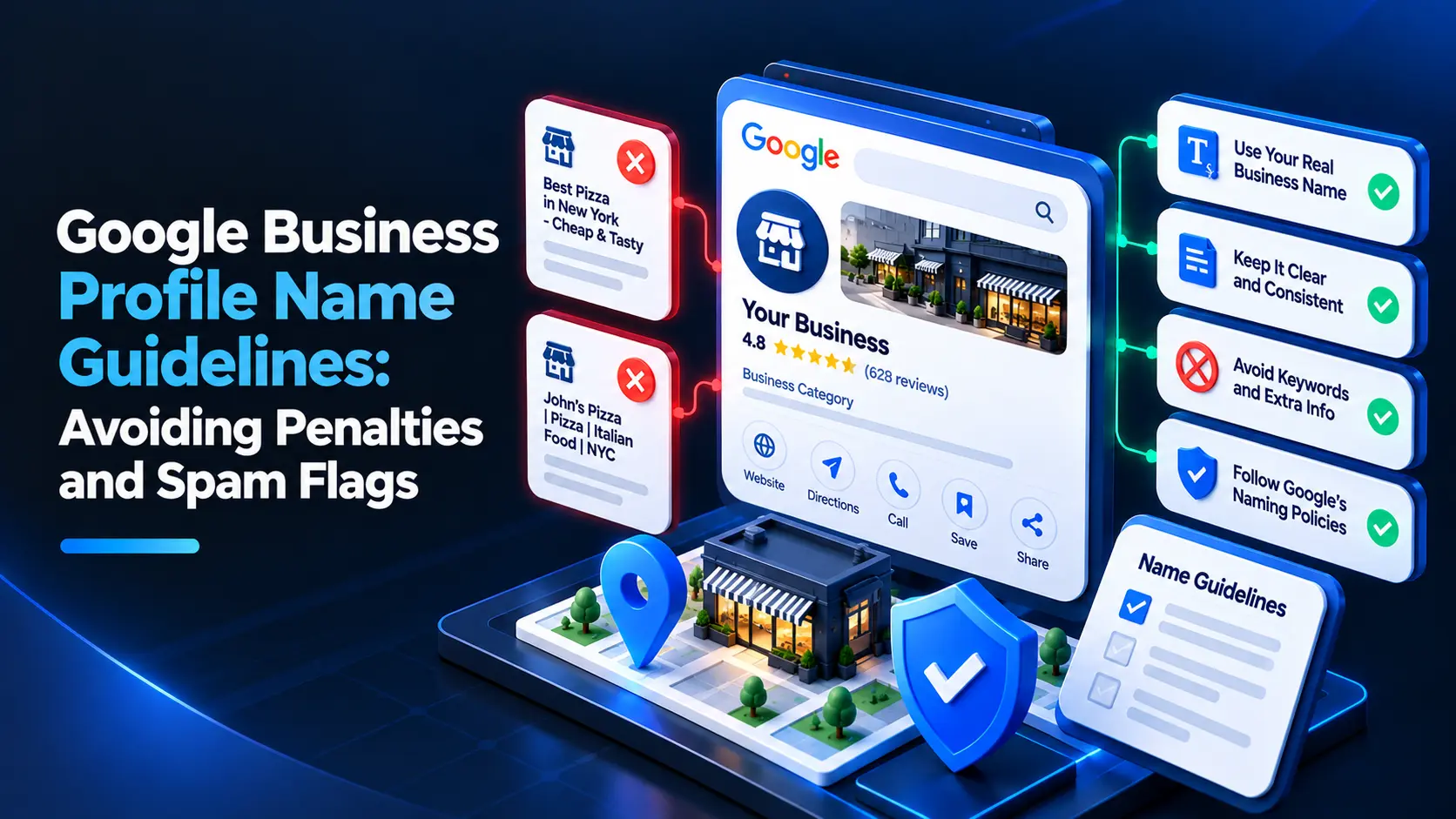 Google Business Profile name guidelines showing correct business naming practices, keyword stuffing warnings, and tips to avoid penalties and spam flags.