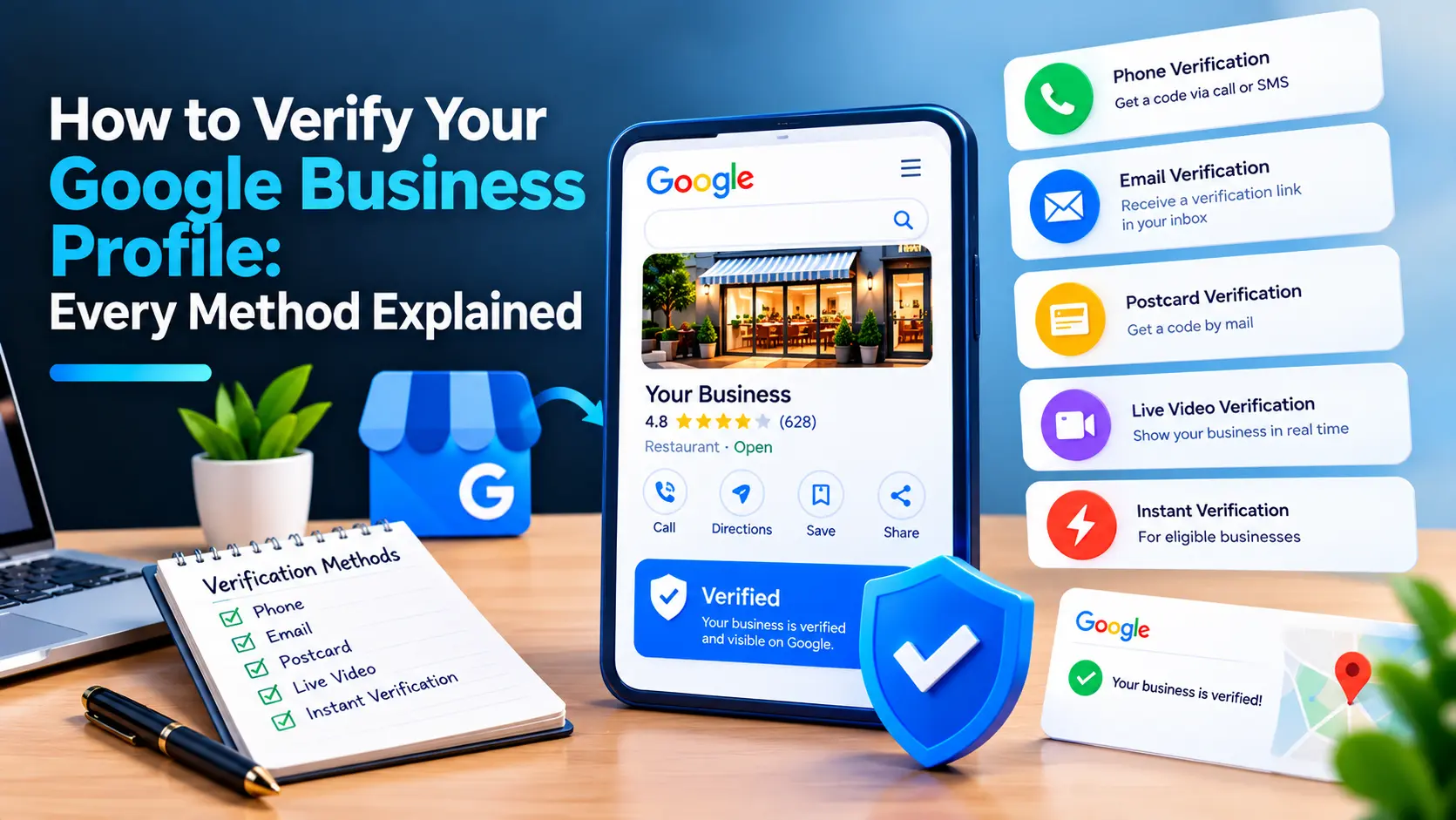 How to verify your Google Business Profile using phone, email, postcard, live video, and instant verification methods, with a verified business listing illustration.