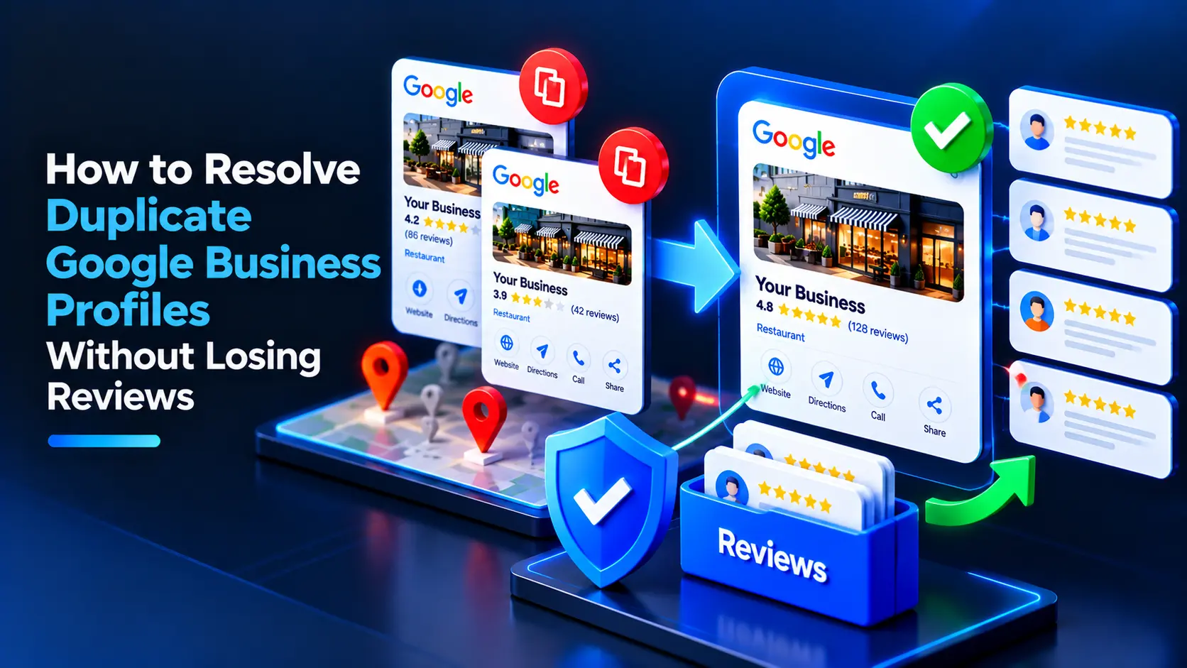 Duplicate Google Business Profile listings being merged into one business profile while preserving customer reviews, star ratings, and Google Maps visibility.